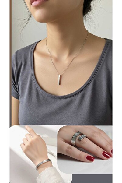 Miyoste Ayetel Kürsi Set Gümüş Renk Kolye Yüzük Bileklik Takı Seti Manevi Set