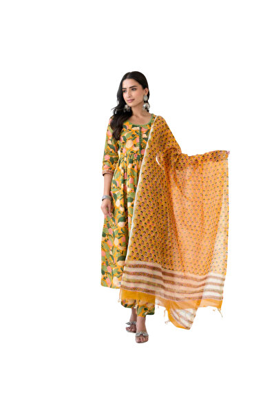MYSMAR Yellow Cotton Salwar Kameez & Dupatta Set - ALV1459 | Yellow