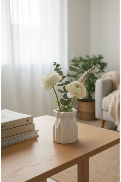 ALTUNOĞLU TASARIM Alçı Dekoratif Vazo – Minimal Beyaz Masa Üstü Çiçeklik – Mo...