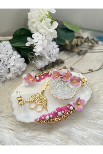 RESİNARTSHOP Epoksi Tepsi Pembe Orkideli küçük boy nişan seti