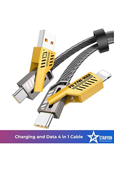 Staryon 4-in-1 Fast Charging & Data Cable USB-C PD 65W/27W, 1m - Type-C, USB-A, Lightning, Multicolor