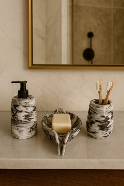 Zigzag Home Διακοσμητικό Μαρμάρινο Σετ Μπάνιου 3 τεμαχίων Οβάλ Μοντέλο Δοχείο...