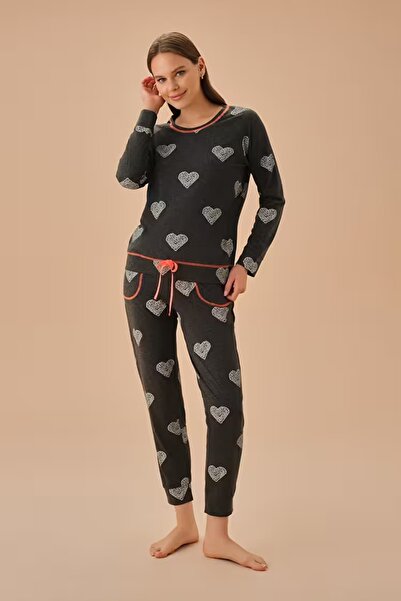 DREAM FASHION Anthracite Melange Patterned Bubble Pajama Set