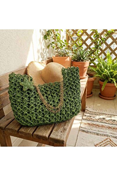 YASMİNEL Rafya İp Çanta XL Yeşil El Yapımı Örgü ve Boncuk Saplı
