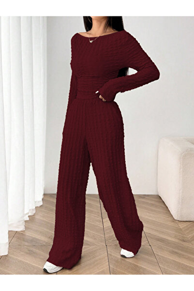 meren like your style Kadın Uzun Kollu Dokulu Üst + Geniş Paça Pantolon Takım