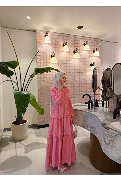 GKBUTİK Pembe önü düğmeli fırfırlı elbise