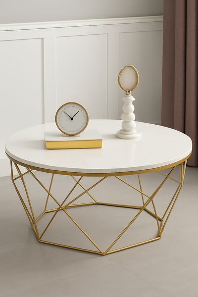 Mobievim Roma Gold Metal Ayaklı Krem Üst Tablalı Modern Orta Sehpa –Dekoratif...