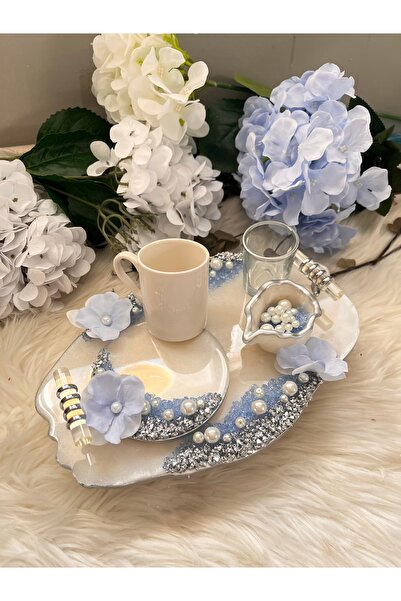 RESİNARTSHOP Epoksi Tepsi Mavi Orkideli Damat Tepsisi Seti