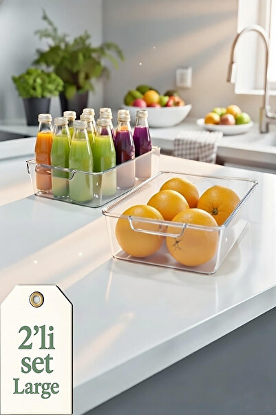 EVONİTA مجموعة من 2 منظم ثلاجة كبير، صندوق تخزين شفاف، منظم داخلي للخزانة