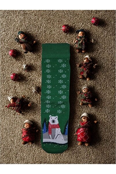 Christmas Socks Yeşil Ayıcıklı Kar Taneli Dokuma Yılbaşı Çorabı