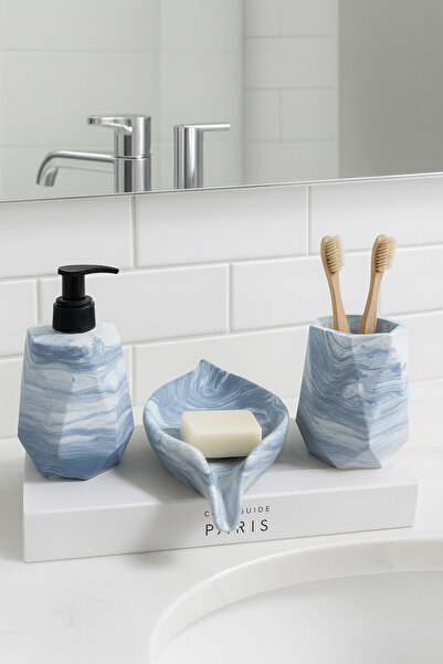 Zigzag Home Decorative 3 Piece Geometric Marble Pattern Bathroom Set Liquid Soap Dispenser Solid Soap Dish Toothbrush Holder Set