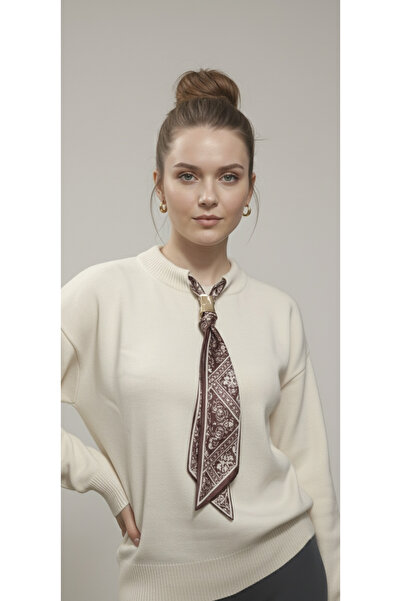 MODA Ekru Bisiklet Yaka Fularlı Örgü Kazak