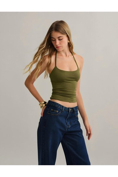 Baluxe Khaki Halter Neck Cotton Halter Top Blouse