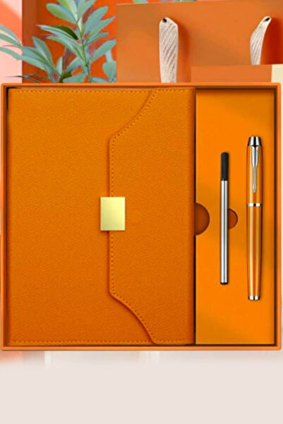 zozoya Turuncu Deri Ajanda & Roller Tükenmez Kalem Premium Hediye Seti