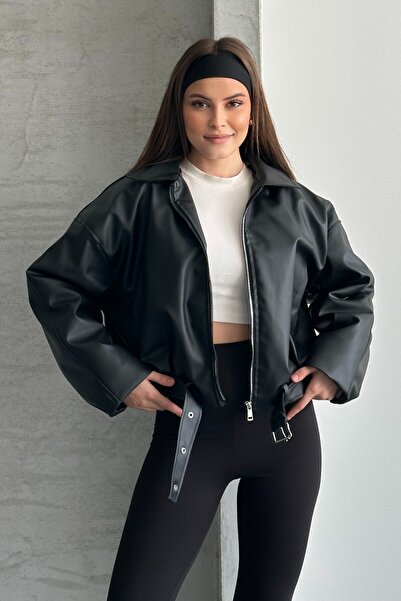 moda armanc Kadın İçi Kürklü Suni Deri Ceket - Oversize İçi Peluş Astarlı Premium Biker Mont