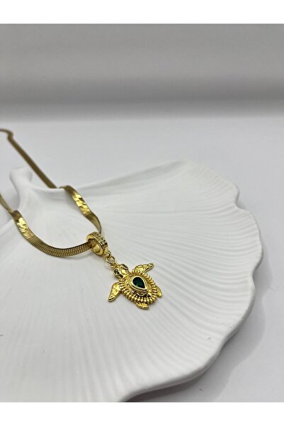 Çelik Yeşil Zirkon Taşlı Kaplumbağa Kolye