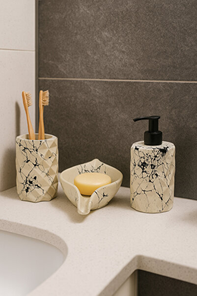 Zigzag Home Set de baie decorativ din 3 piese, model diamant, model de marmură, dozator de săpun lichid, dozator de săpun solid, set de suport pentru periuță de dinți