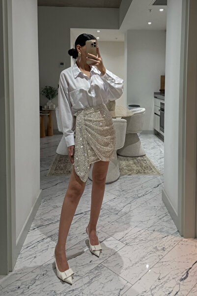 Seda Yalçın Atelier Bej Payetli Büzgü Detaylı Tasarım Mini Etek