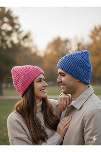 LunaKnit Triko Çift Bere Seti | Mavi Pembe Sevgili Kombini | Kalın Örgü Kışlı...