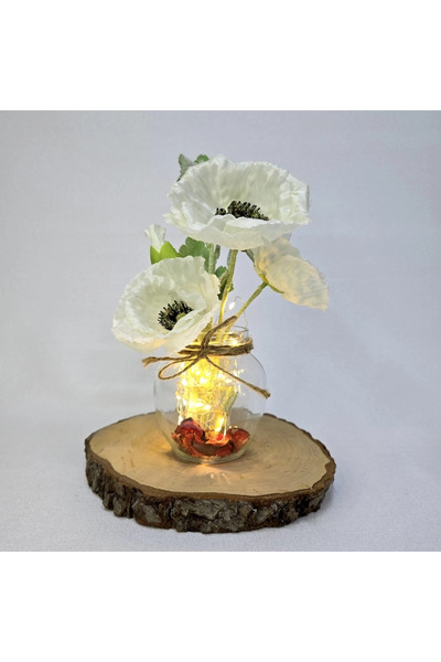 STDEKOR مزهرية زخرفية مع زهور الخشخاش البيضاء وأضواء LED