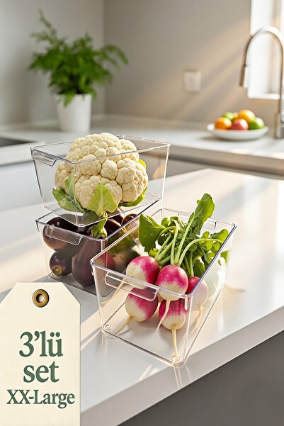 EVONİTA 3' Set XX-Large Şeffaf Buzdolabı Düzenleyici Saklama Kutusu Sebze Mey...