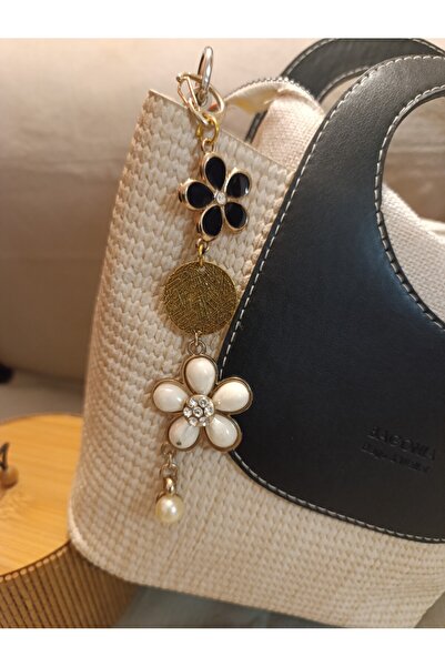 Hippybutik Eskitme Gold İri Pullu Siyah Krem Papatya Ve İnci Detaylı Çanta ch...