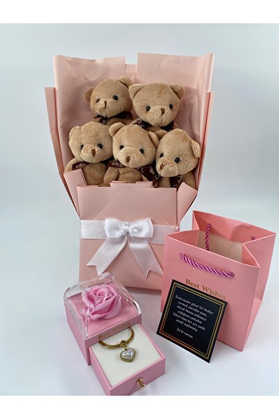 aromahediye 14 AYAR ALTIN KAPLAMA İNCİ KALP İTALYAN KOLYE AYICIK BUKET KAHVER...