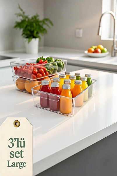 EVONİTA 3'lü Set Large Şeffaf Buzdolabı Düzenleyici Saklama Kutusu Sebze Meyv...