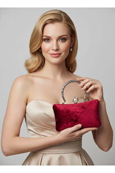 Biçanta Geantă de seară pentru femei din catifea ondulată de lux, cu mâner me...