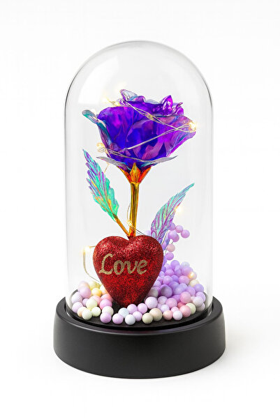OEM Eternal Rose in Plastic Dome 15 cm LED Lights – Purple Batteries Included Romantic Decor