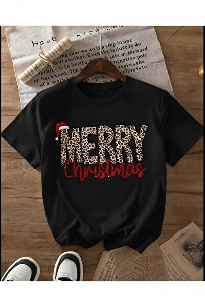 one button Unisex Yılbaşı Özel Temalı Merry Christmas Baskılı Basic Bisiklet Yaka Regular T-shirt %100 Pamuk