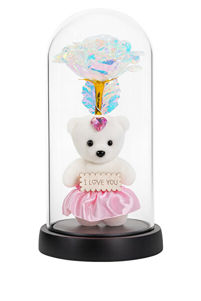 OEM Dome with Pink Teddy Bear and Gold Rose LED, Gift Arrangement 22x11cm