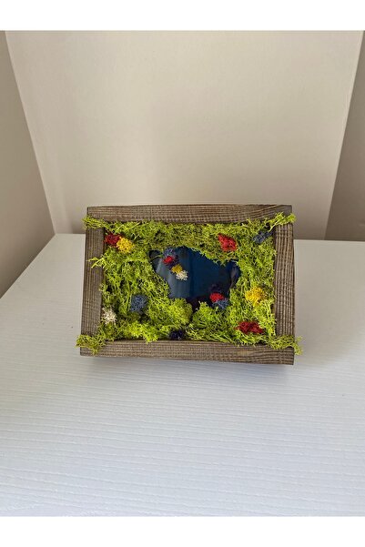 Anı_Atölye El yapımı Ahşap Çerçeveli Epoksi Göl ve Orman Temalı Yosun Tablo/Doğanın Kalbi Serisi