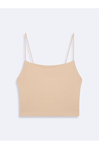 Ltb Thin Strap Basic Crop Beige Tank Top