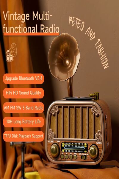 ULTRATEKNO MD-1318BT Gramofon Görünümlü Bluetooth Hoparlör | 3 Bant Nostaljik Radyo | USB TF AUX | Type-C Şarj