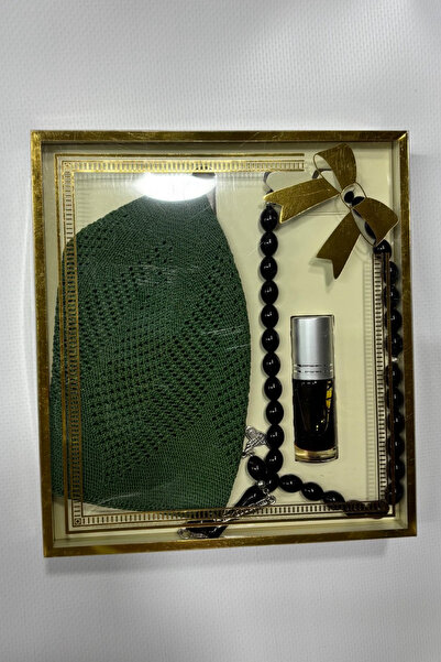 Muensu 1 Piece Green Skullcap Essence Prayer Beads Set, Hajj Umrah Souvenir, Cheap Skullcap Set, Prayer Beads Set