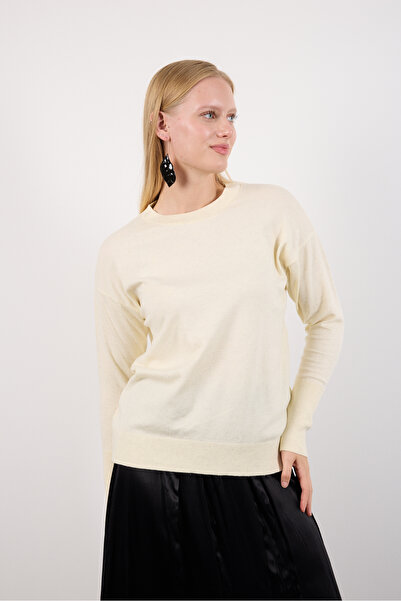 Clothes Fast Women's Ecru Wide Cuffed Crew Neck Glitter Knit Blouse