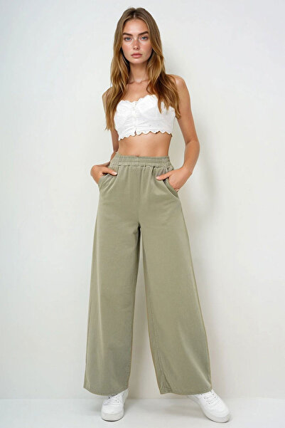 bacc جاكارد نسائي أخضر بجيبين بنطلون واسع الأرجل BCHNW-251185