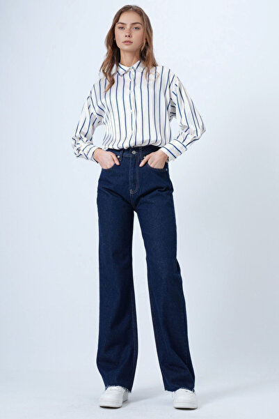 bacc Pantaloni din denim pentru femei, albastru închis, cu talie înaltă, cu p...
