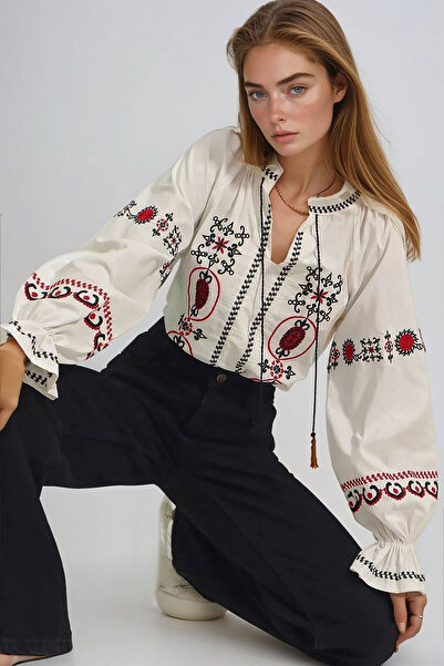 bacc Women's White Poplin Woven Blouse with Floral Embroidery on the Front an...