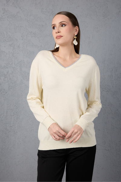 Clothes Fast Women's Ecru Sim Piped V-Neck Glitter Knitwear Blouse
