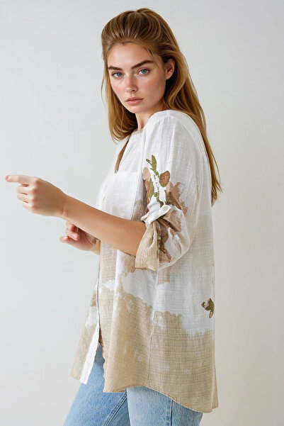 bacc Women's Beige Hakim Collar Floral Patterned Linen Shirt Bchpk-251211