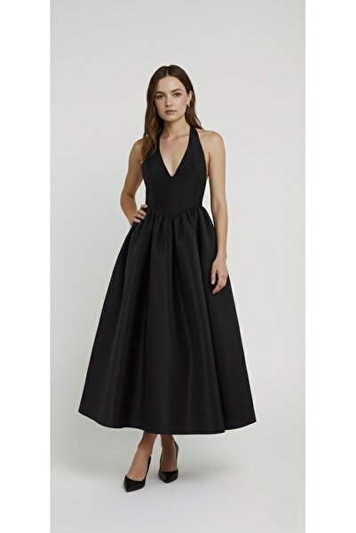 Feybie Rosalie Halter Yaka Siyah Midi Elbise