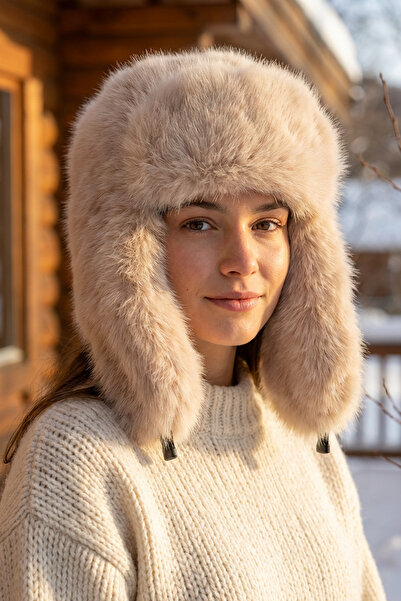 Kapin Kürk Peluş Kulaklı Pilot Şapka Ekstra Yumuşak - Bej