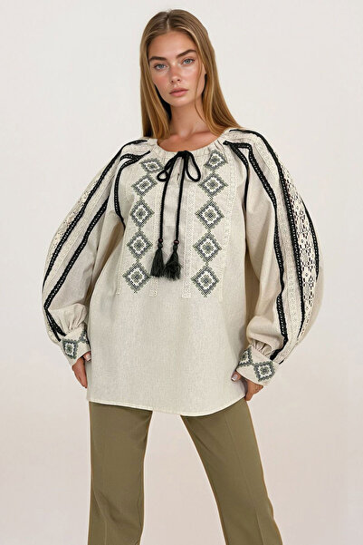 bacc Bluză cu șireturi brodate bej pentru femei BCHESQ-251133