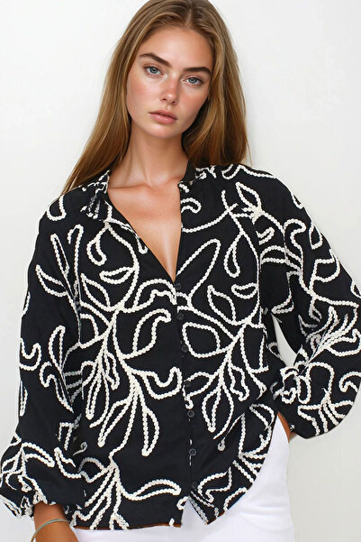 bacc Cămașă neagră pentru femei, cu broderie cu snur, țesută premium BCHESQ-2...