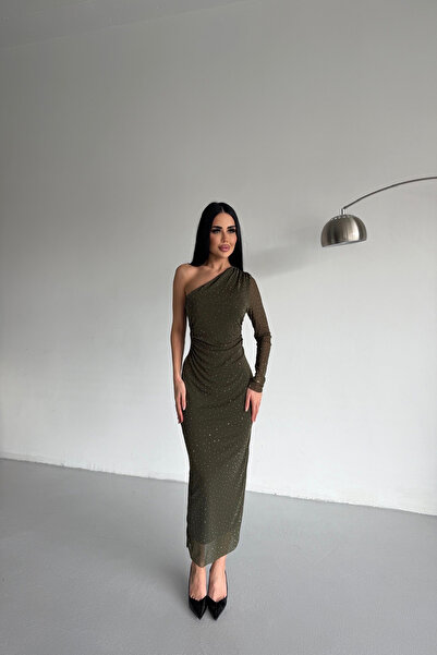 kamacibutik One Shoulder Stone Embroidered Tulle Dress