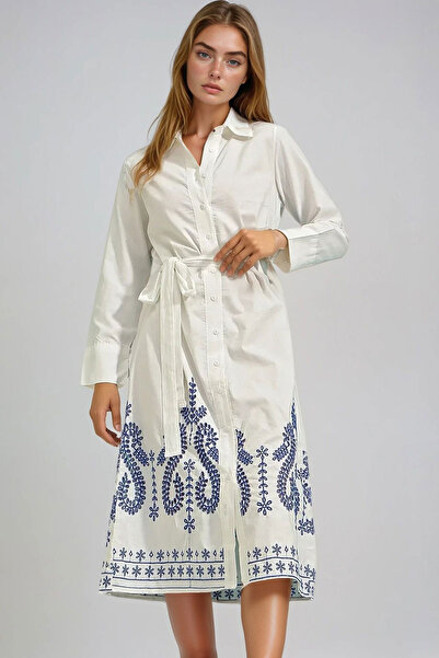 bacc Women's White Skirt Embroidered Poplin Shirt Dress Bchesq-251106