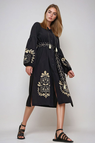 bacc Kadın Siyah Hakim Yaka Kemerli Çift Yırtmaçlı Keten Elbise BCHESQ-251042