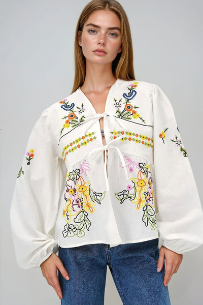 bacc Women's Ecru V-Neck Tie Detail Embroidered Woven Blouse Bchesq-251069